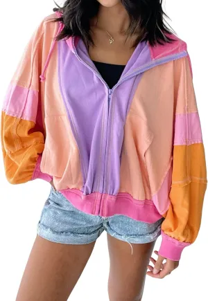 utcoco Women's 2025 Fall Zip Up Color Block Lightweight Jacket Casual Patchwork Oversized Hoodies Jackets Outwear