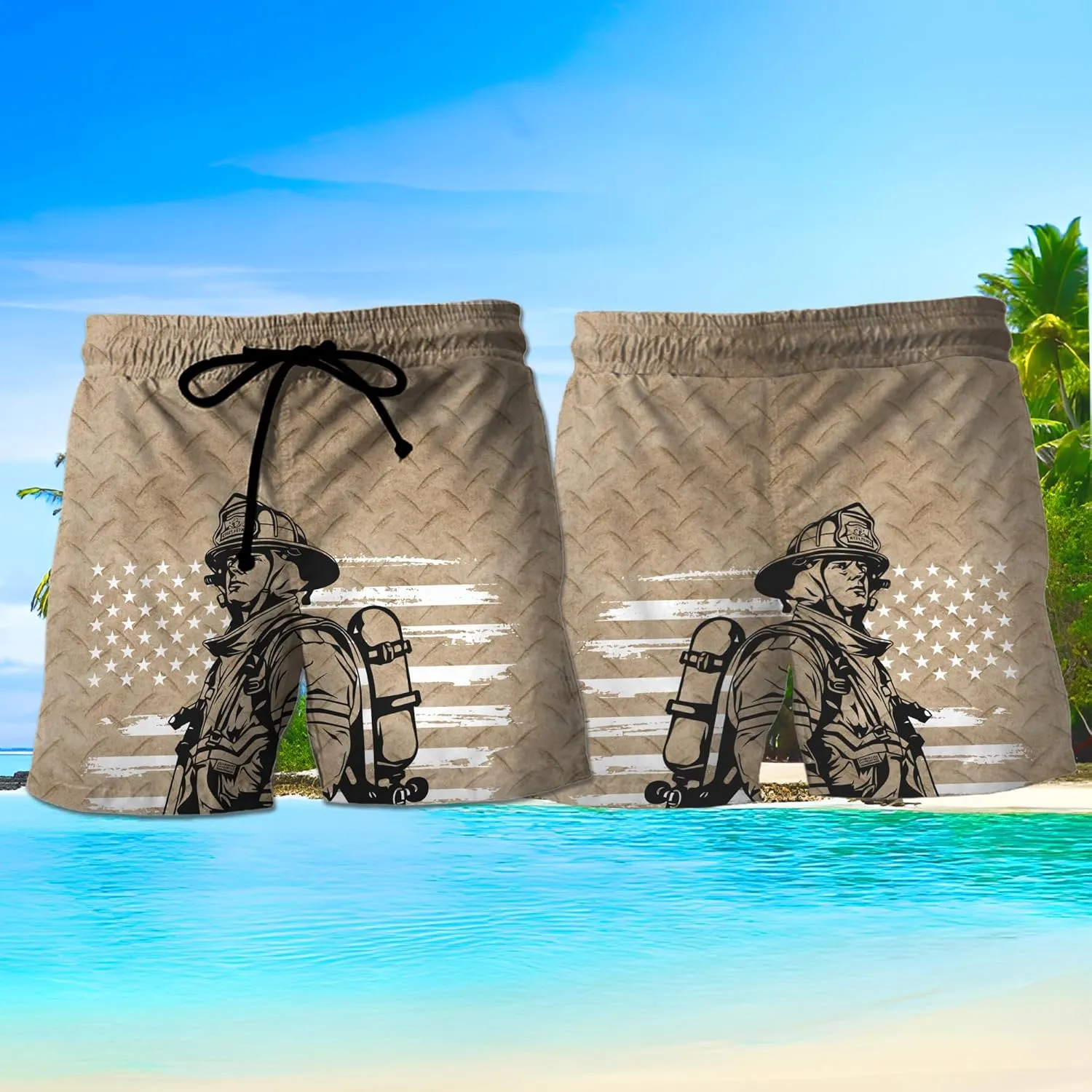 V-DECORPARKS Firefighter Mens Swim Trunks - Labor Day Swimming Trunk for Men - Drawstring Beach Shorts, Mens Swim Shorts 28