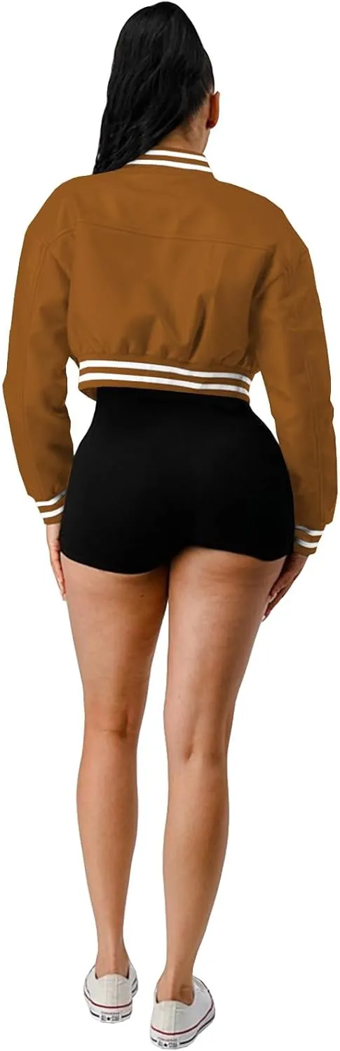 Varsity Cropped Faux Leather Jacket for Women Long Sleeve Button Down Bomber Baseball Jacket Streetwear with Pocket