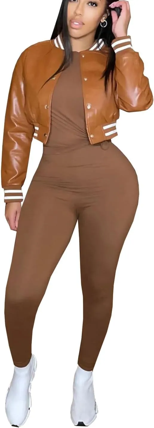 Varsity Cropped Faux Leather Jacket for Women Long Sleeve Button Down Bomber Baseball Jacket Streetwear with Pocket