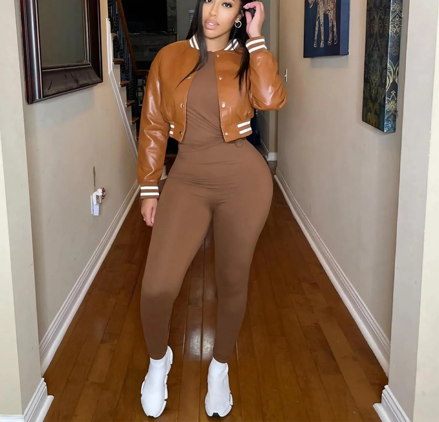 Varsity Cropped Faux Leather Jacket for Women Long Sleeve Button Down Bomber Baseball Jacket Streetwear with Pocket