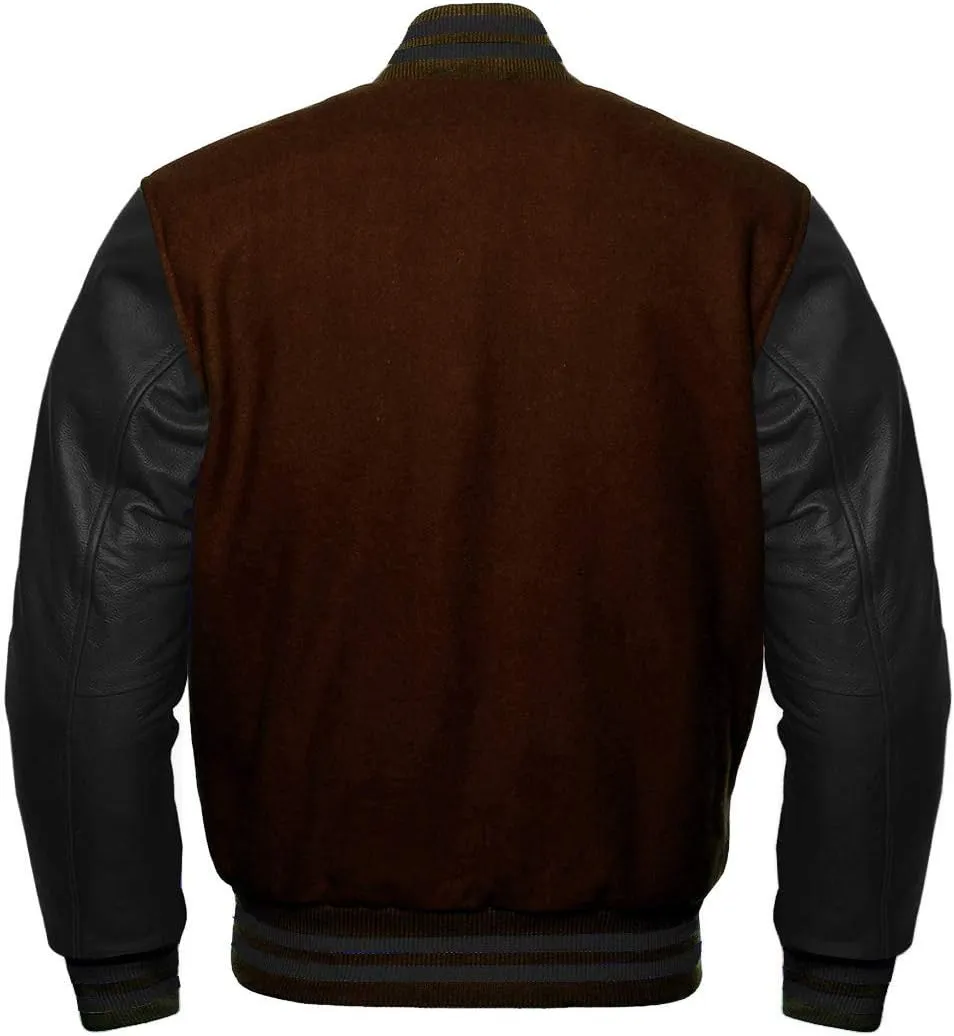 Varsity Letterman Wool & Black Genuine Leather Sleeves Bomber Style Baseball Jacket