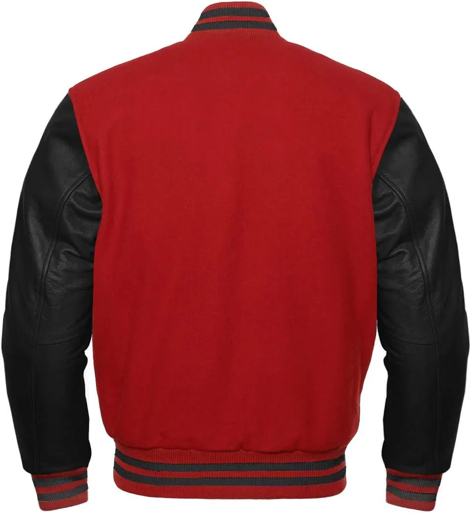 Varsity Letterman Wool & Black Genuine Leather Sleeves Bomber Style Baseball Jacket