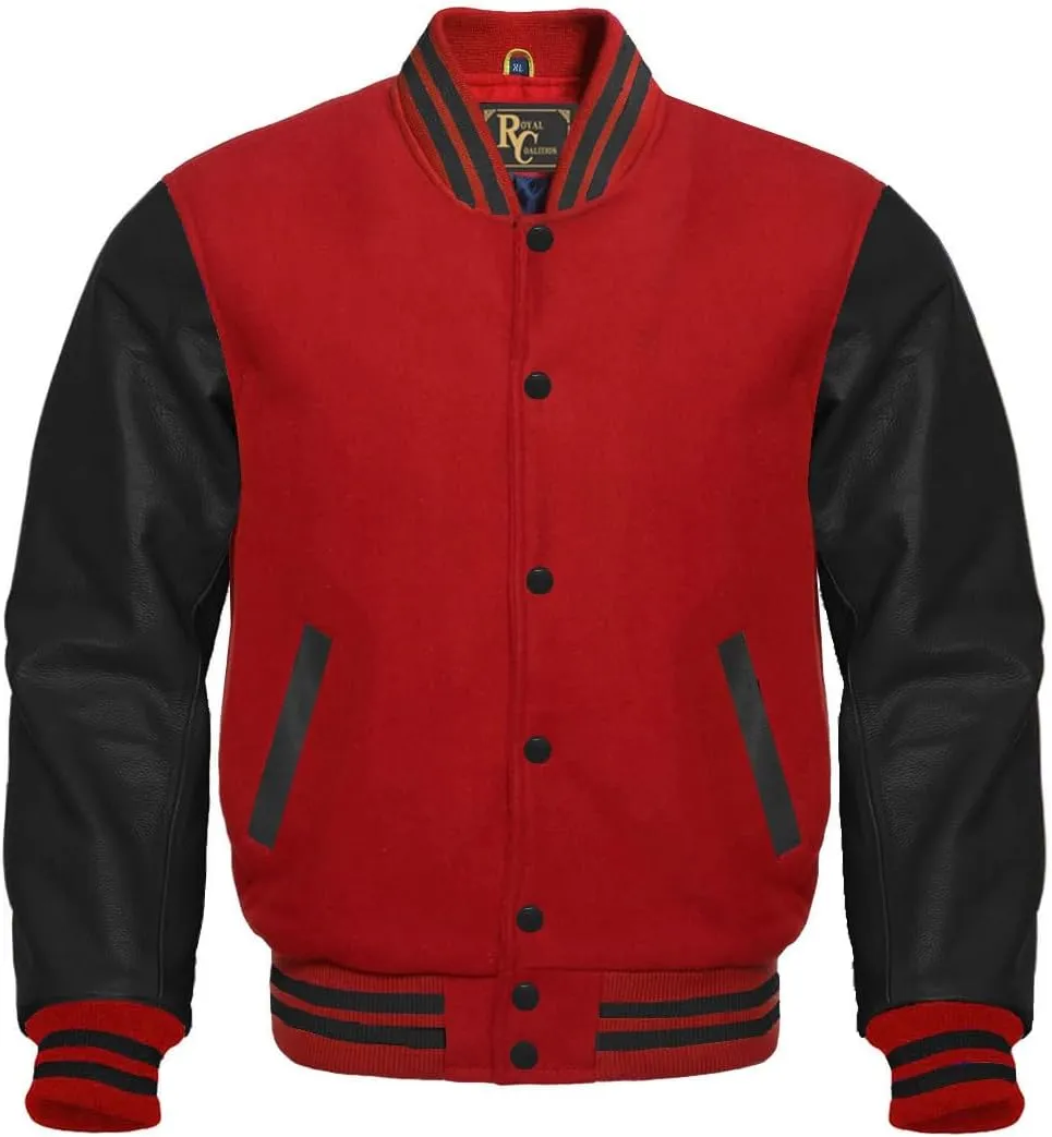 Varsity Letterman Wool & Black Genuine Leather Sleeves Bomber Style Baseball Jacket