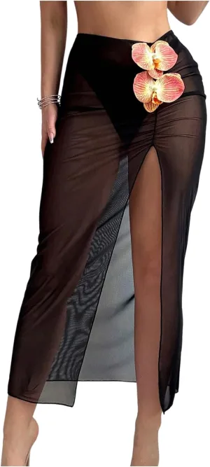 Verdusa Women's Floral Mesh Sheer Thigh Slit Beach Cover Up Skirt Ruched Long Skirts
