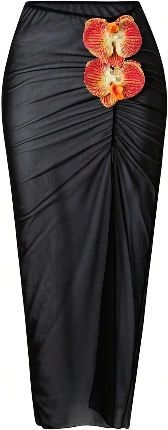 Verdusa Women's Floral Mesh Sheer Thigh Slit Beach Cover Up Skirt Ruched Long Skirts