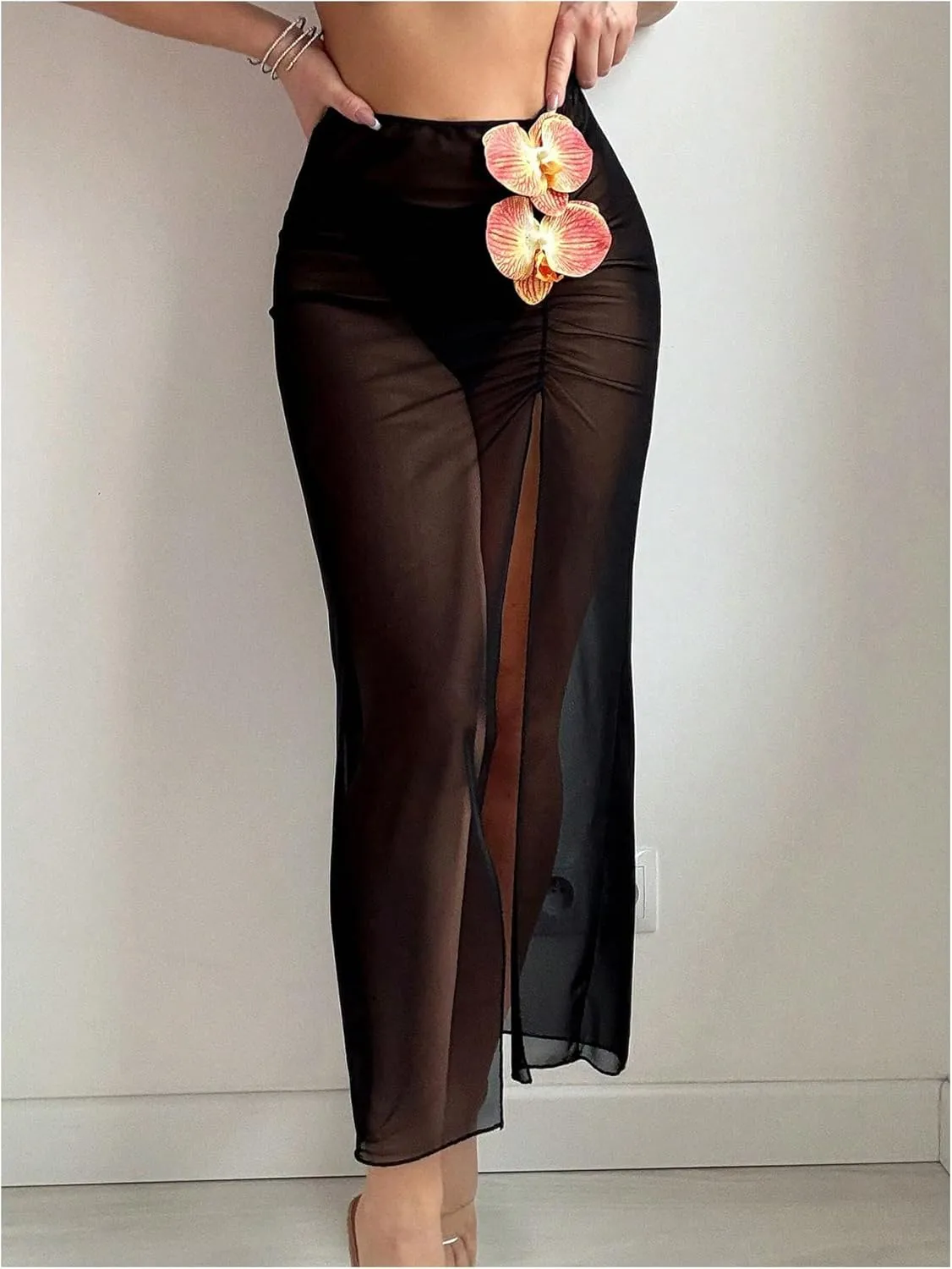 Verdusa Women's Floral Mesh Sheer Thigh Slit Beach Cover Up Skirt Ruched Long Skirts