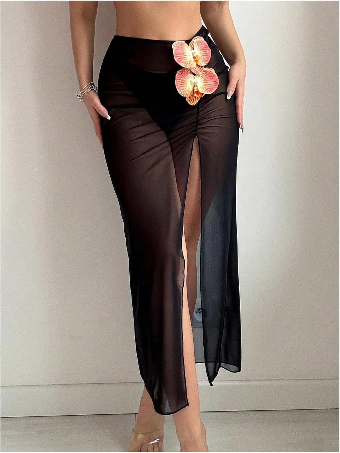 Verdusa Women's Floral Mesh Sheer Thigh Slit Beach Cover Up Skirt Ruched Long Skirts