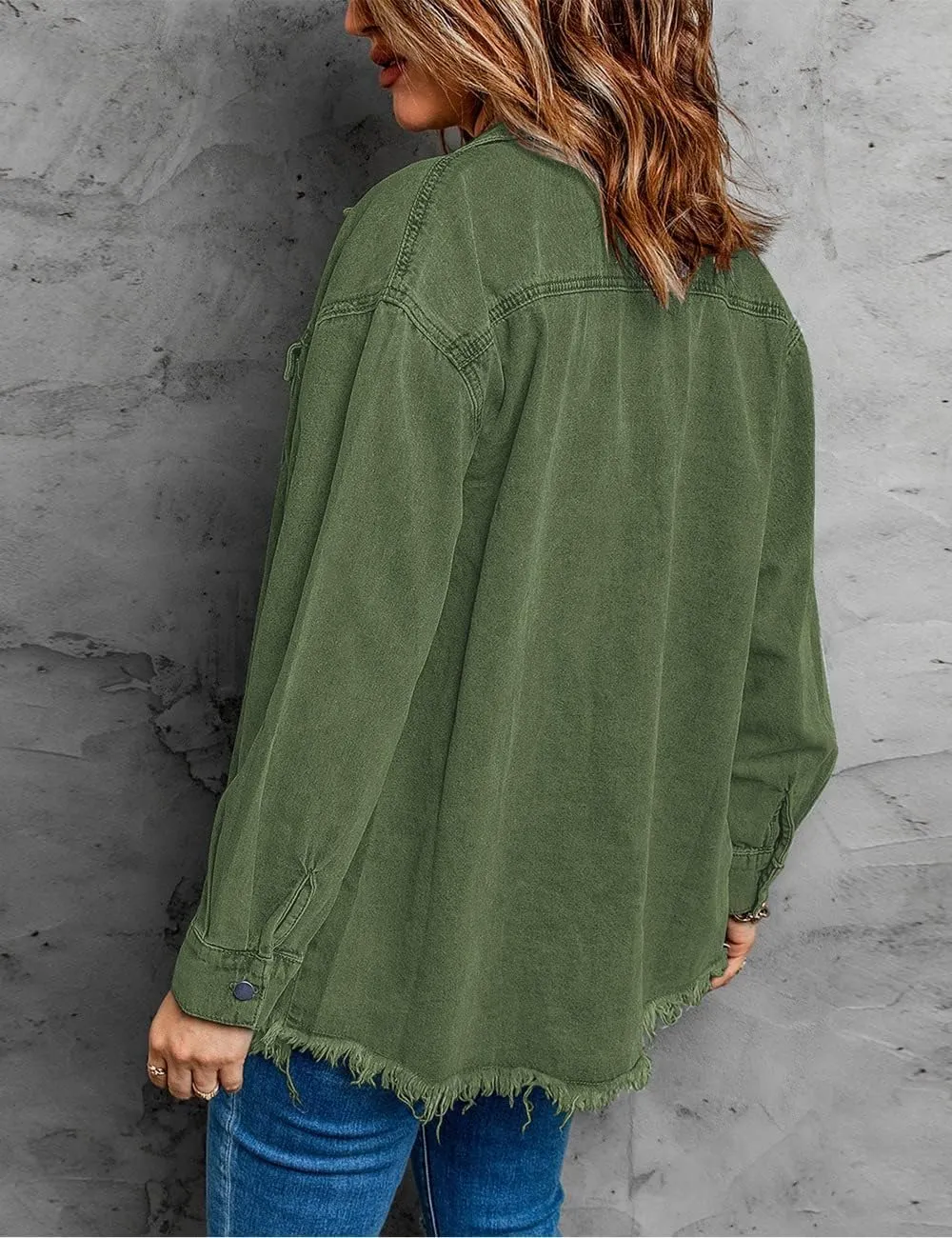 Vetinee Womens Oversized Button Up Frayed Hem Shacket Long Sleeve Pockets Denim Jean Jacket