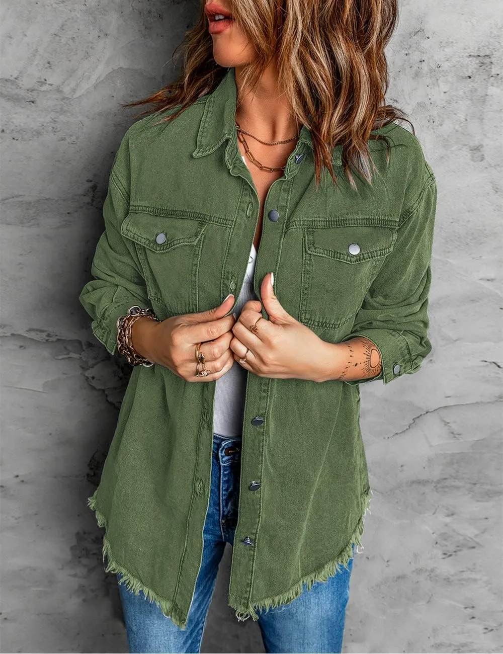 Vetinee Womens Oversized Button Up Frayed Hem Shacket Long Sleeve Pockets Denim Jean Jacket
