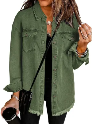 Vetinee Womens Oversized Button Up Frayed Hem Shacket Long Sleeve Pockets Denim Jean Jacket