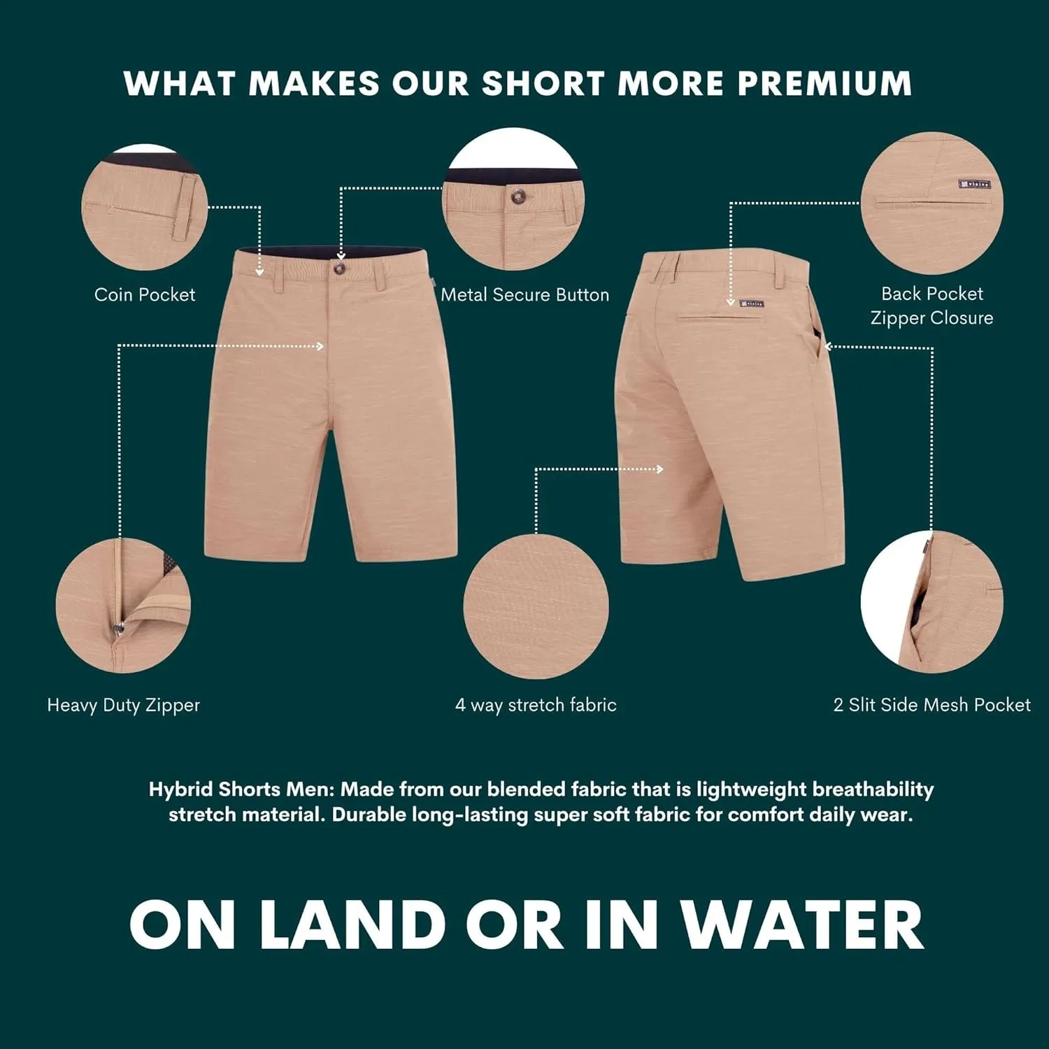 Visive Mens Shorts for Men, Hybrid Casual Golf Dress Flat Front Quick Dry Stretch Board Shorts, Lightweight Chino Short