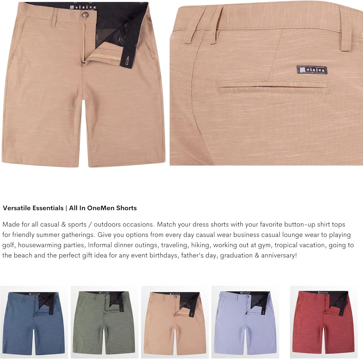 Visive Mens Shorts for Men, Hybrid Casual Golf Dress Flat Front Quick Dry Stretch Board Shorts, Lightweight Chino Short