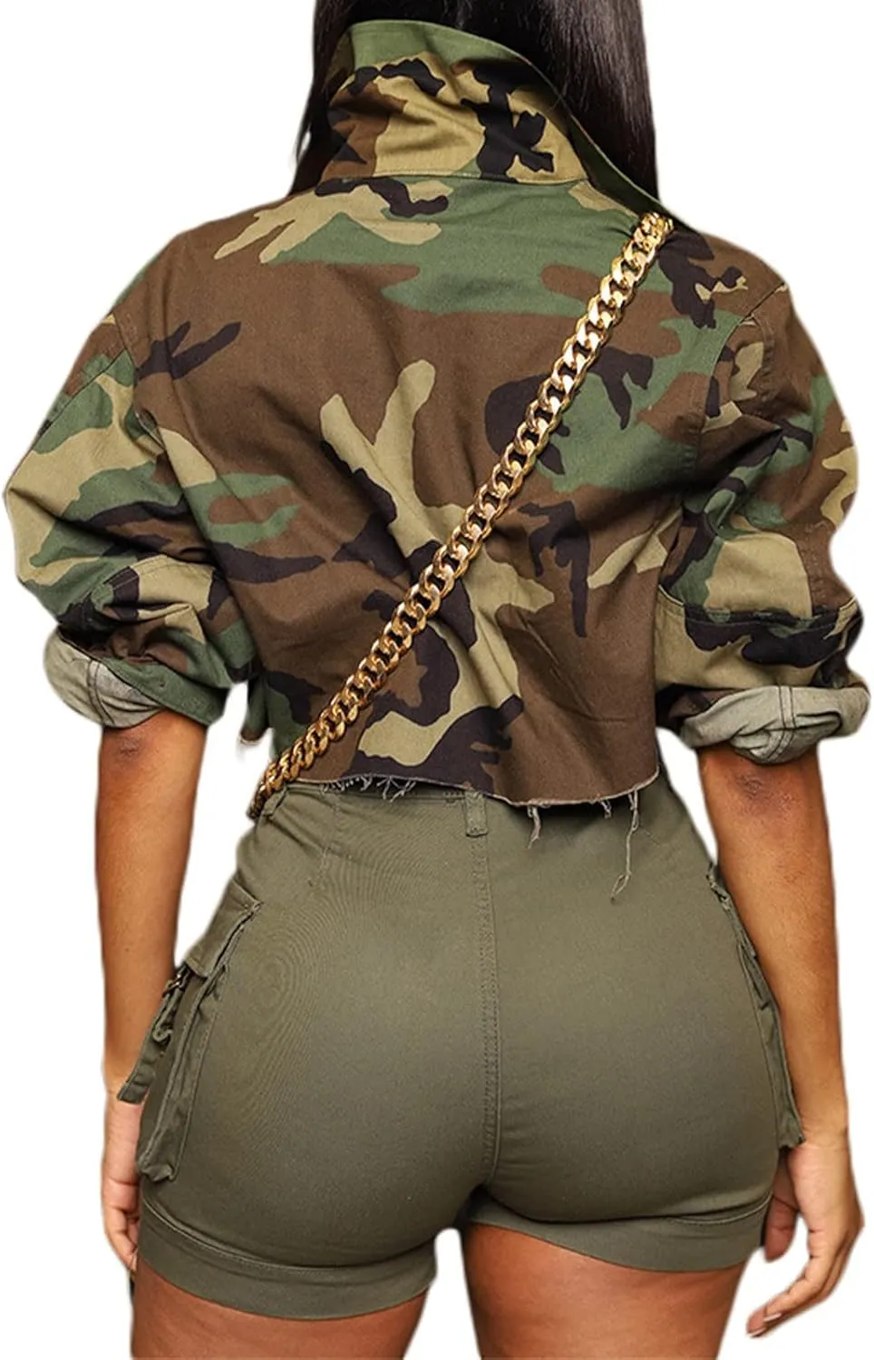 Voghtic Camo Coat for Women Lapel Neck Button Down Camouflage Cropped Jackets Tops with Multi Cargo Pockets