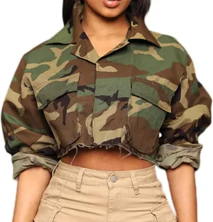 Voghtic Camo Coat for Women Lapel Neck Button Down Camouflage Cropped Jackets Tops with Multi Cargo Pockets