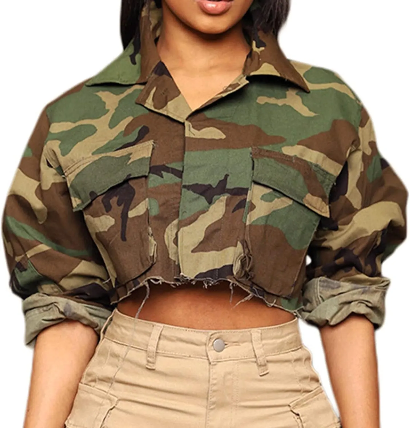 Voghtic Camo Coat for Women Lapel Neck Button Down Camouflage Cropped Jackets Tops with Multi Cargo Pockets