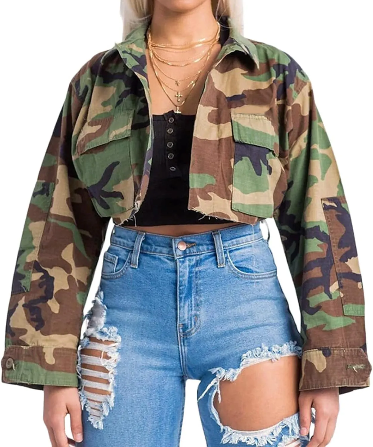 Voghtic Camo Coat for Women Lapel Neck Button Down Camouflage Cropped Jackets Tops with Multi Cargo Pockets