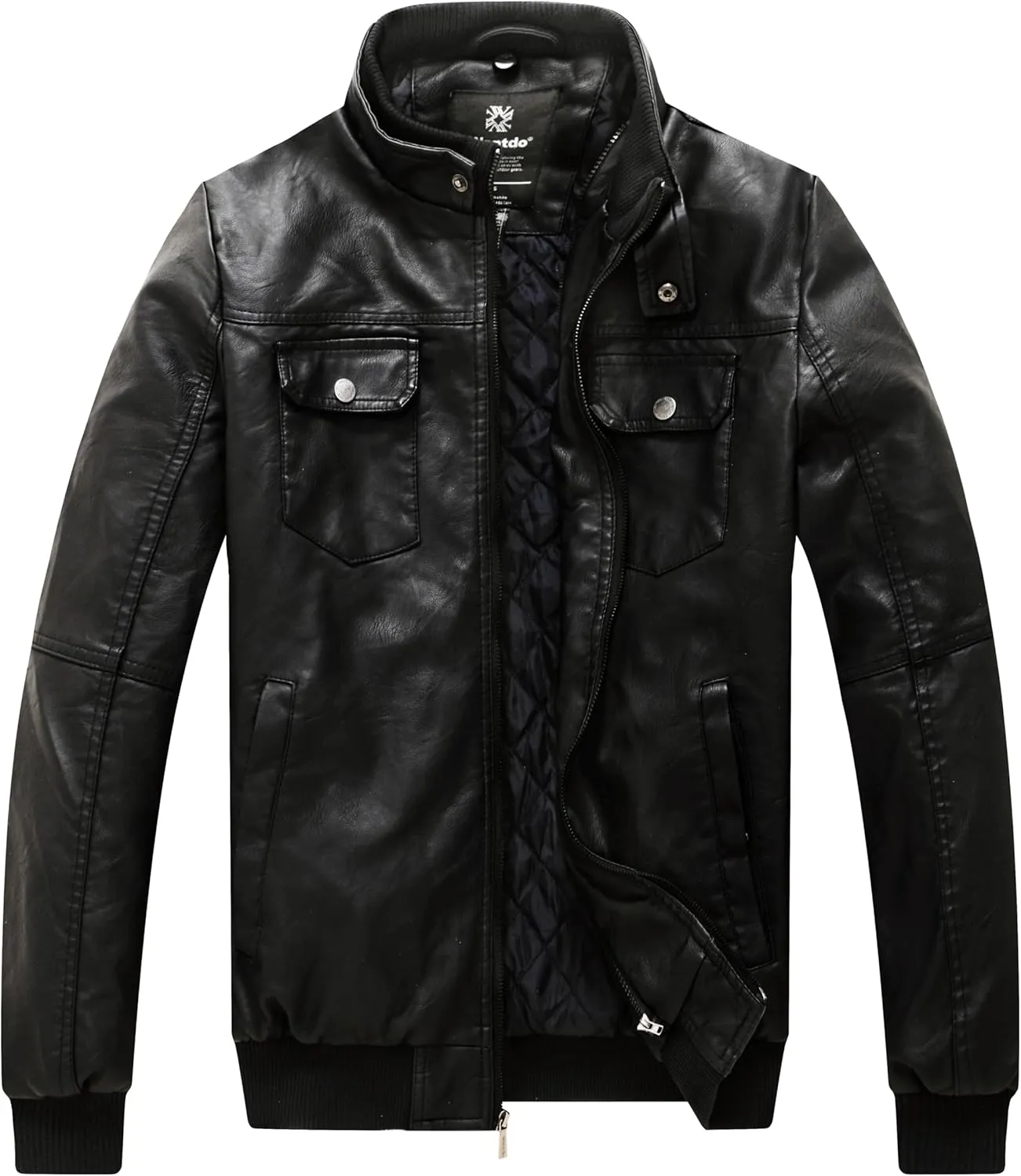 wantdo Men's Faux Leather Jacket Windproof Motorcycle Bomber Jacket Slim Fit Winter Coat with Removable Hood