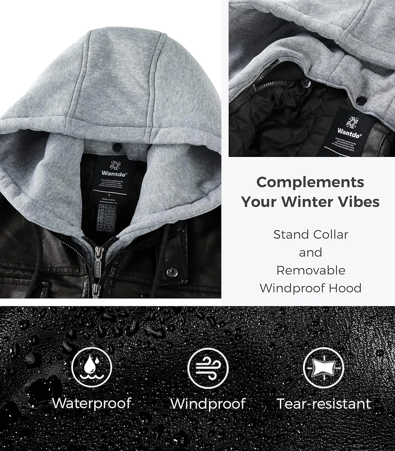 wantdo Men's Faux Leather Jacket Windproof Motorcycle Bomber Jacket Slim Fit Winter Coat with Removable Hood
