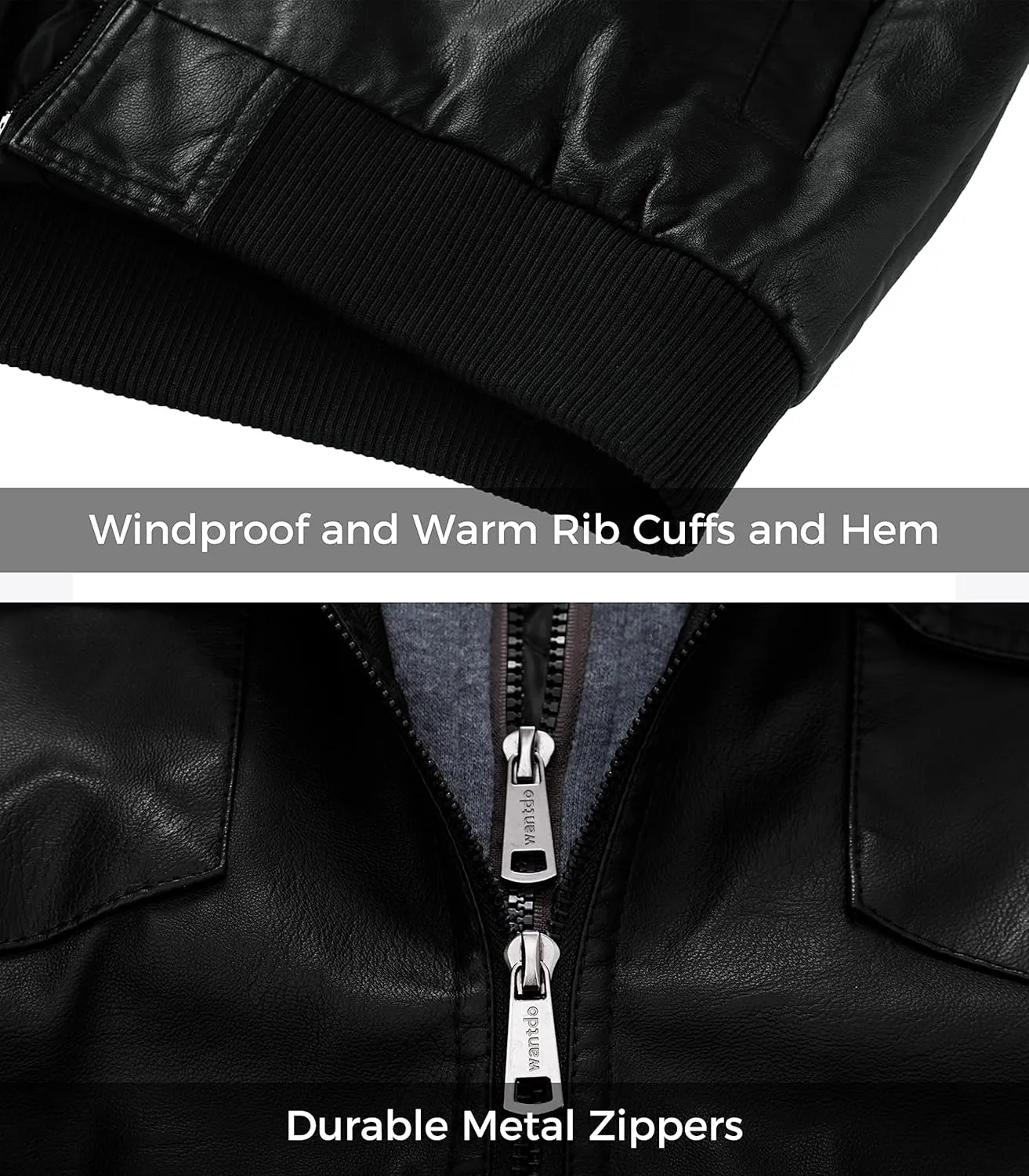 wantdo Men's Faux Leather Jacket Windproof Motorcycle Bomber Jacket Slim Fit Winter Coat with Removable Hood