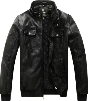 wantdo Men's Faux Leather Jacket Windproof Motorcycle Bomber Jacket Slim Fit Winter Coat with Removable Hood