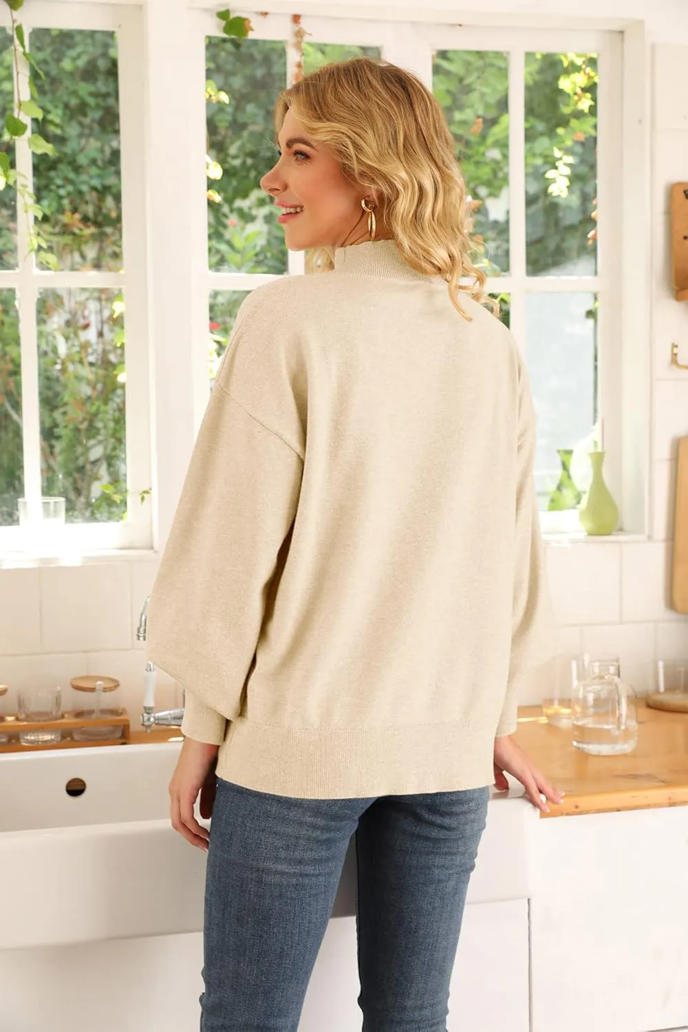 WEACZZY Women's 2025 Fall Fashion Casual Sweaters Mock Neck Long Lantern Sleeve Lightweight Knit Pullover Sweater Tops