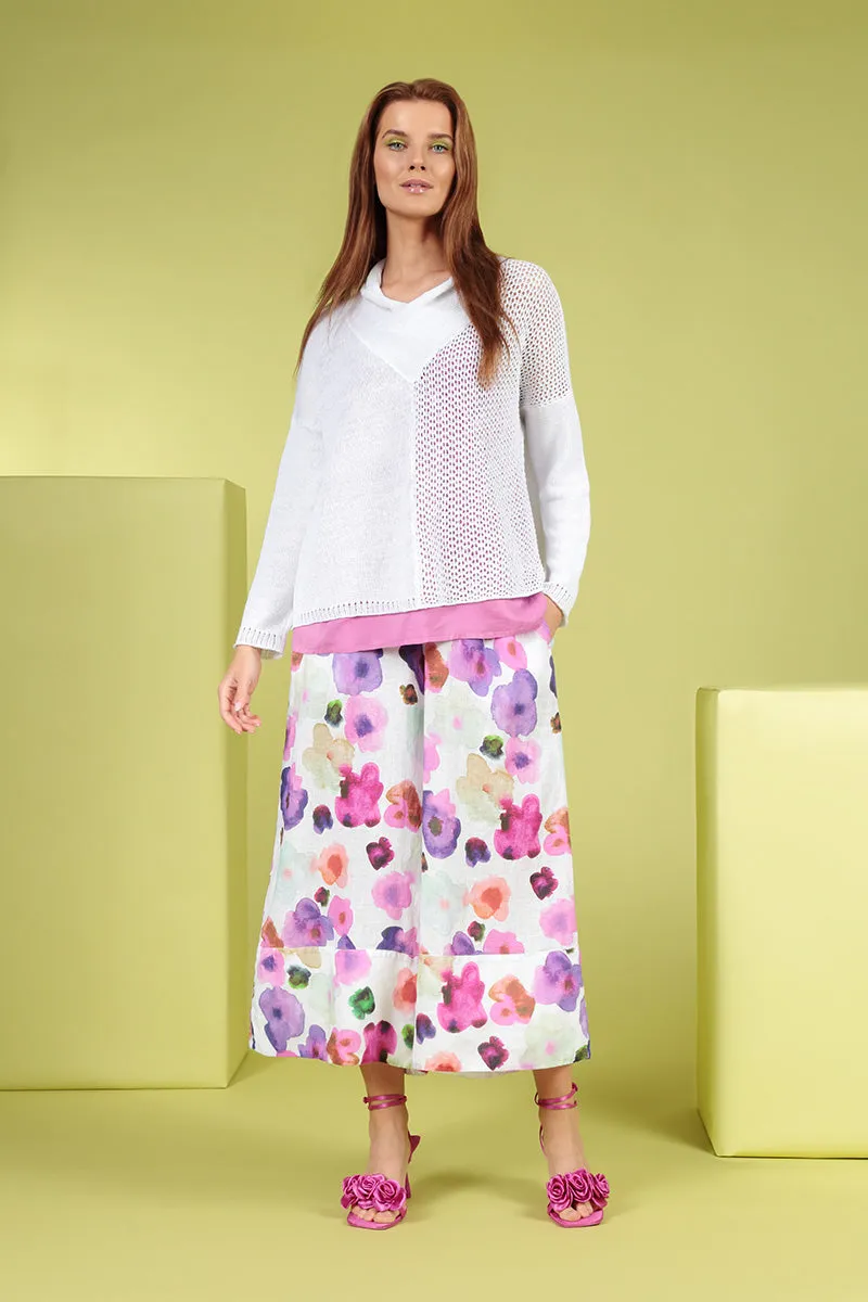 Wide Leg Cuffs Blossom Linen Culottes