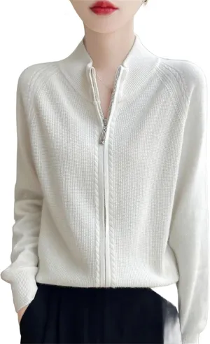 Women 100% Merino Wool Soft Sweater Cardigan Zipper Knitwear Long Sleeve Wool Sweater Female Tops