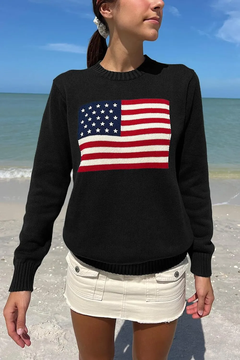 Women American Flag Sweater Long Sleeve Crew Neck Loose Fit Knit Pullover Tops USA Casual Loose Pullover Sweater