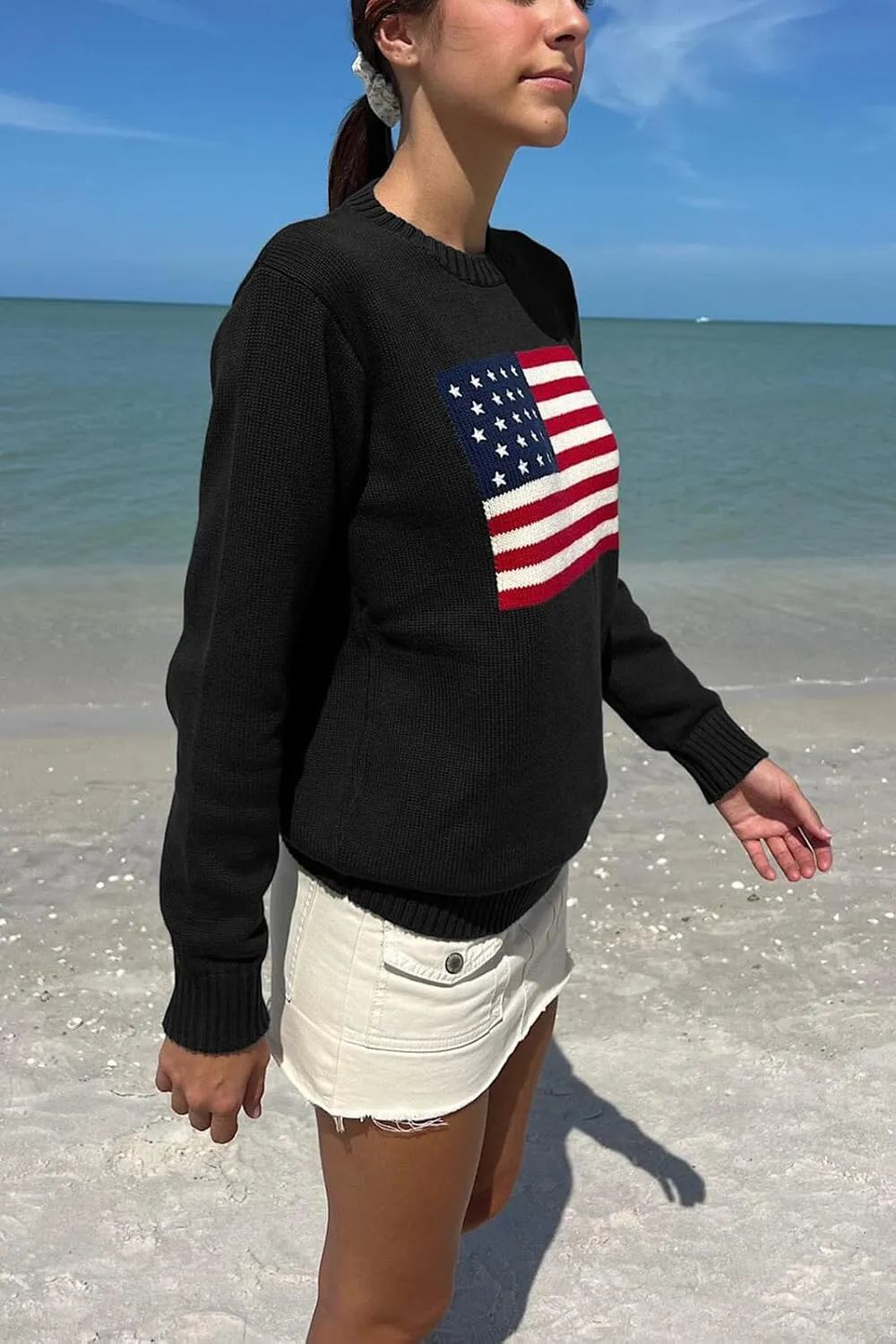 Women American Flag Sweater Long Sleeve Crew Neck Loose Fit Knit Pullover Tops USA Casual Loose Pullover Sweater