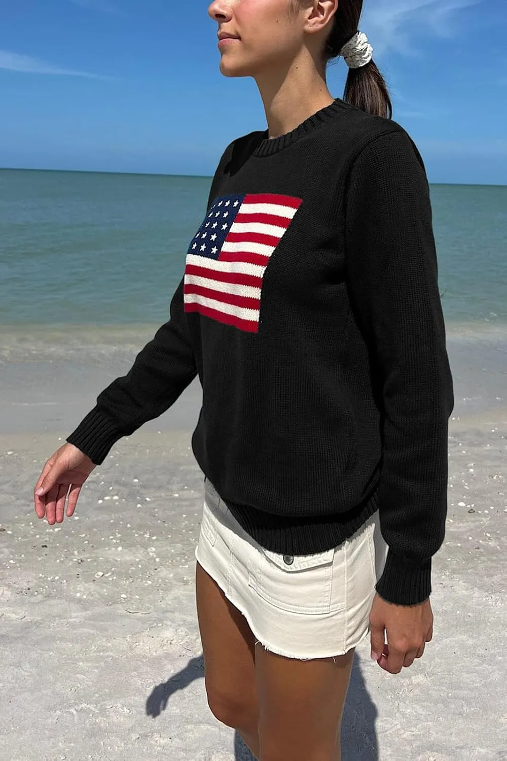 Women American Flag Sweater Long Sleeve Crew Neck Loose Fit Knit Pullover Tops USA Casual Loose Pullover Sweater