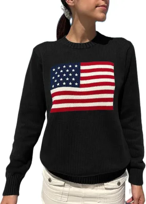 Women American Flag Sweater Long Sleeve Crew Neck Loose Fit Knit Pullover Tops USA Casual Loose Pullover Sweater