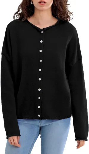 Women Casual Cardigan Sweater Lightweight Loose Crewneck Button Down Long Sleeve Basic Knit Tops