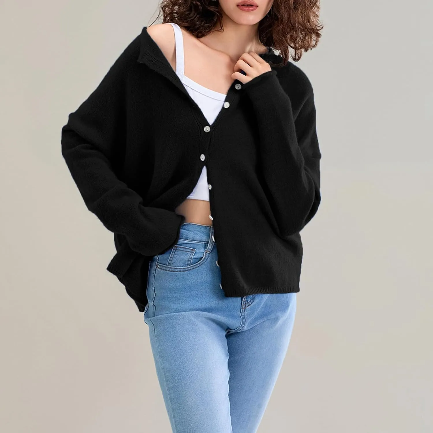 Women Casual Cardigan Sweater Lightweight Loose Crewneck Button Down Long Sleeve Basic Knit Tops