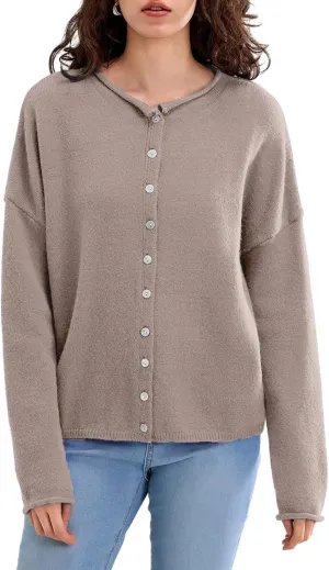 Women Casual Cardigan Sweater Lightweight Loose Crewneck Button Down Long Sleeve Basic Knit Tops