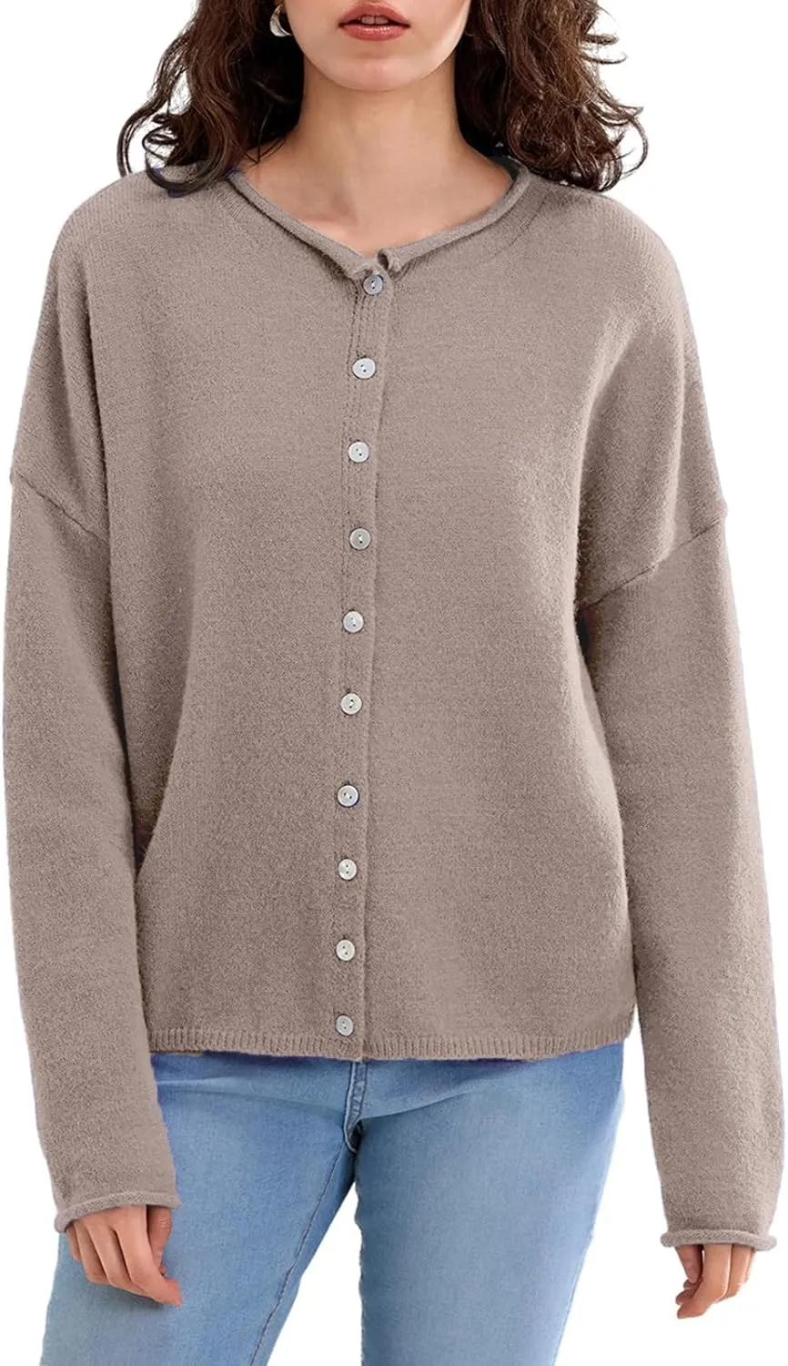 Women Casual Cardigan Sweater Lightweight Loose Crewneck Button Down Long Sleeve Basic Knit Tops