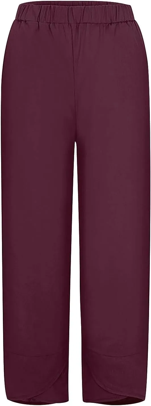 Women Cotton Linen Cropped Pants Casual Summer Elastic High Waist Loose Fit Wide Leg Drawstring Lounge Trousers with Pockets