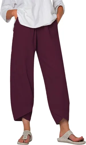 Women Cotton Linen Cropped Pants Casual Summer Elastic High Waist Loose Fit Wide Leg Drawstring Lounge Trousers with Pockets