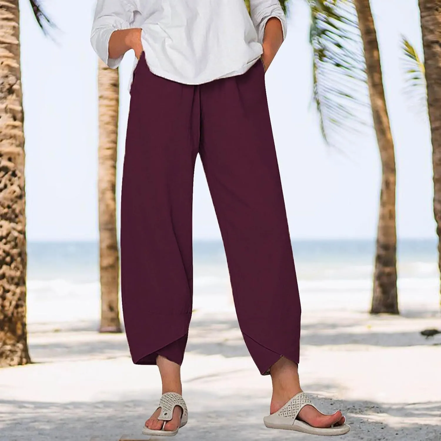 Women Cotton Linen Cropped Pants Casual Summer Elastic High Waist Loose Fit Wide Leg Drawstring Lounge Trousers with Pockets