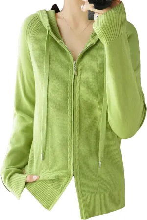 Women Hooded Zippered Cardigan Cashmere Sweater