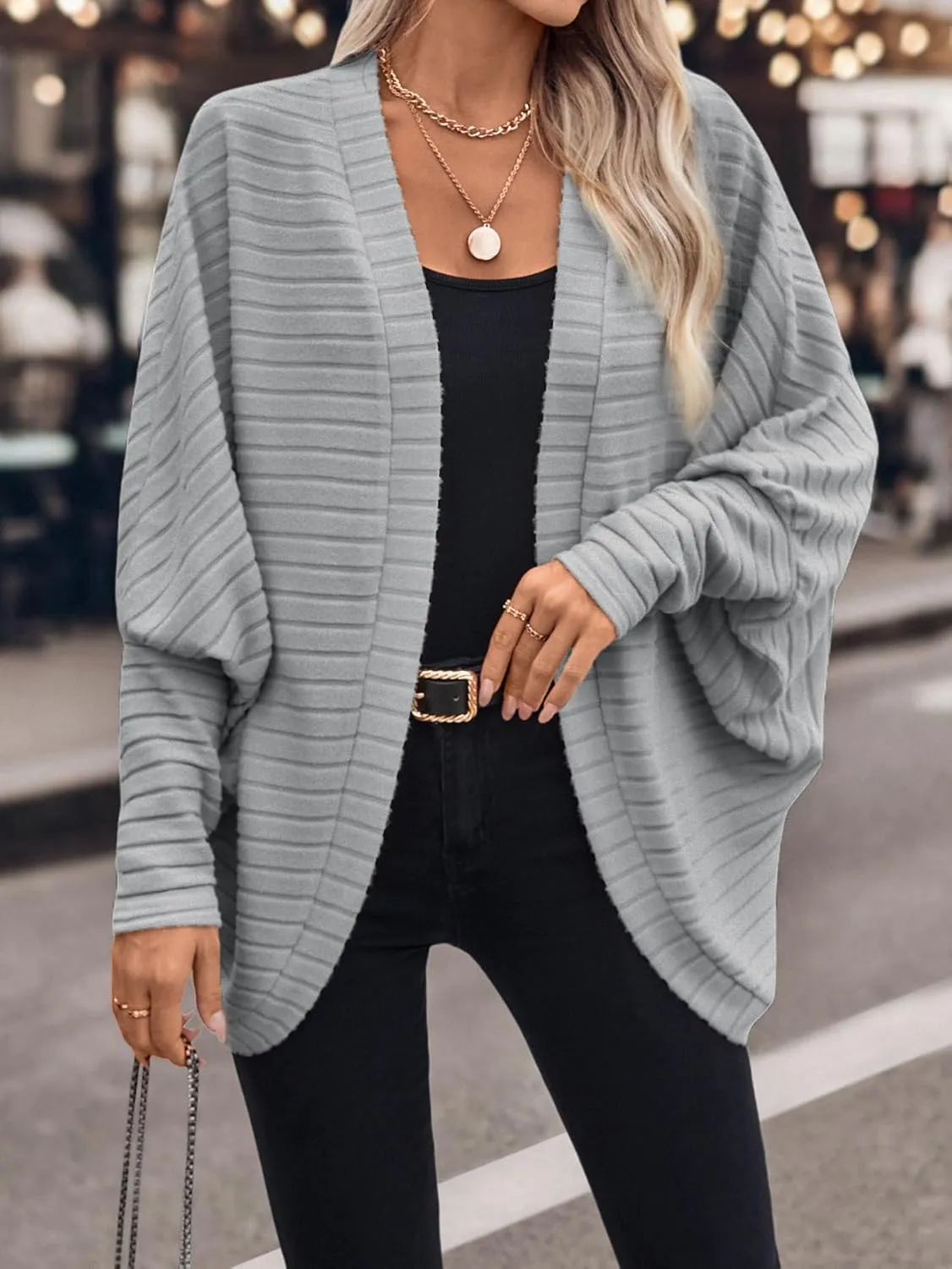 Women Houndstooth Blazer Jackets Batwing Long Sleeve Open Front Asymmetrical Cardigan Coat