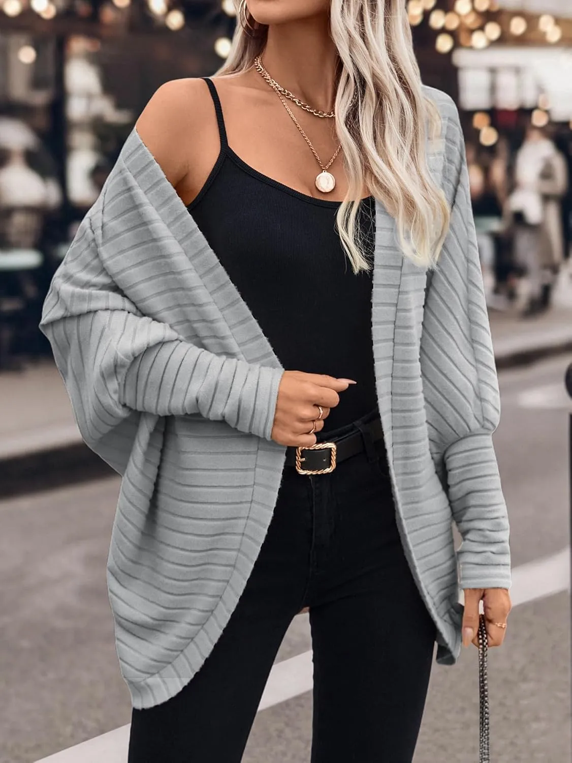 Women Houndstooth Blazer Jackets Batwing Long Sleeve Open Front Asymmetrical Cardigan Coat