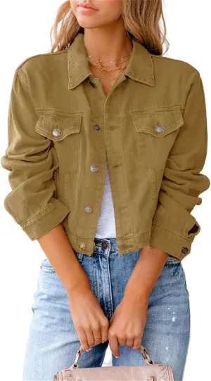 Women Jean Jacket Ripped Puff Sleeve Frayed Slim Denim Crop Top Cropped Jacket