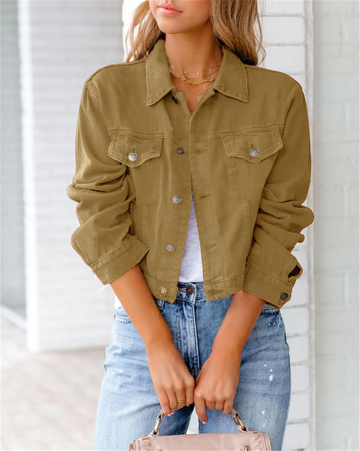 Women Jean Jacket Ripped Puff Sleeve Frayed Slim Denim Crop Top Cropped Jacket