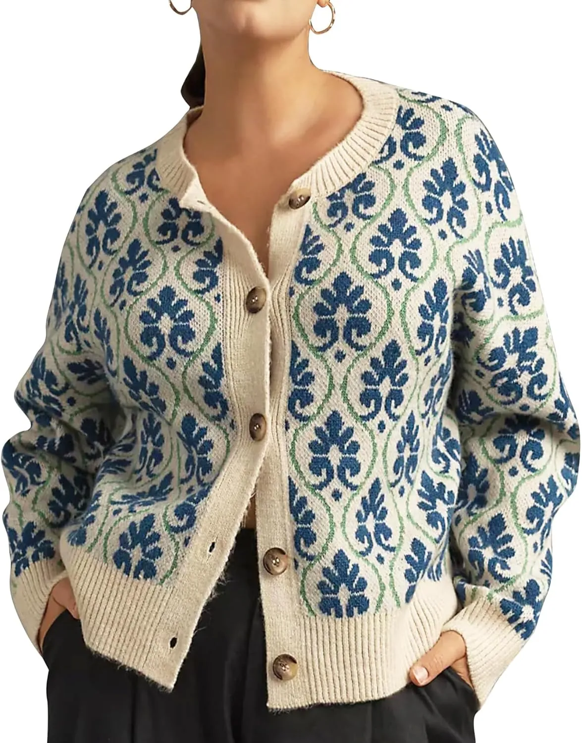 Women Knit Floral Cardigans Button Down Cute Flower Pattern Sweater Tops Open Front Casual Fall Winter Coats Outwear