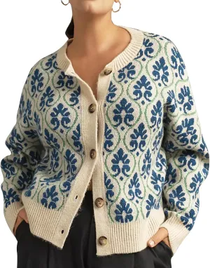 Women Knit Floral Cardigans Button Down Cute Flower Pattern Sweater Tops Open Front Casual Fall Winter Coats Outwear