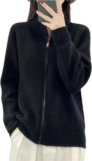 Women Mock Neck Zippers Sweater Cardigan 100% Merino Wool Knit Jumper Thick Warm Sweater Coat
