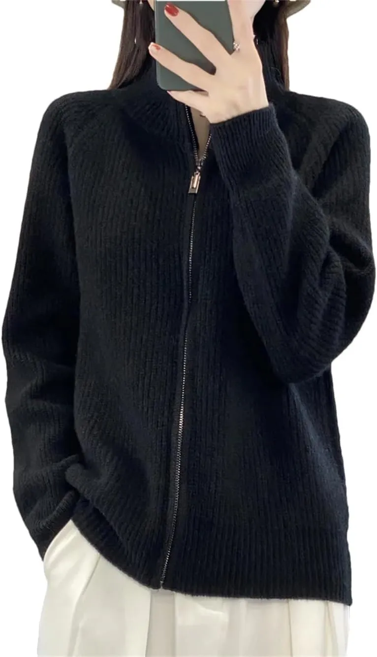 Women Mock Neck Zippers Sweater Cardigan 100% Merino Wool Knit Jumper Thick Warm Sweater Coat