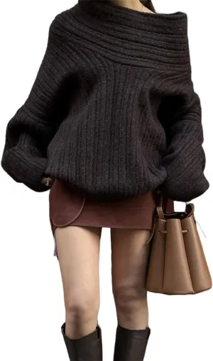 Women Off Shoulder Batwing Sleeve Oversized Chunky Sweaters (Free Size)