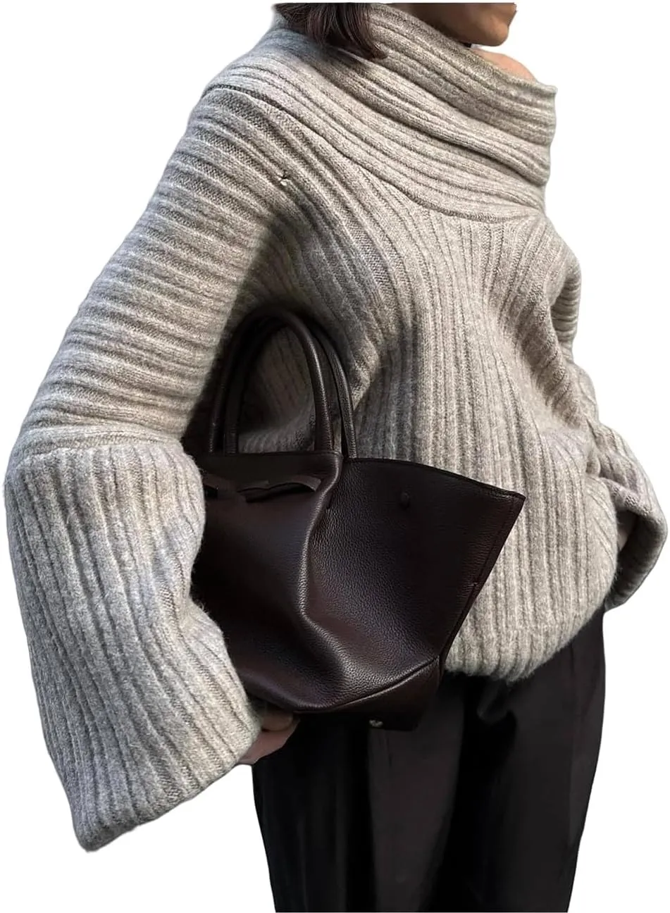 Women Off Shoulder Batwing Sleeve Oversized Chunky Sweaters (Free Size)